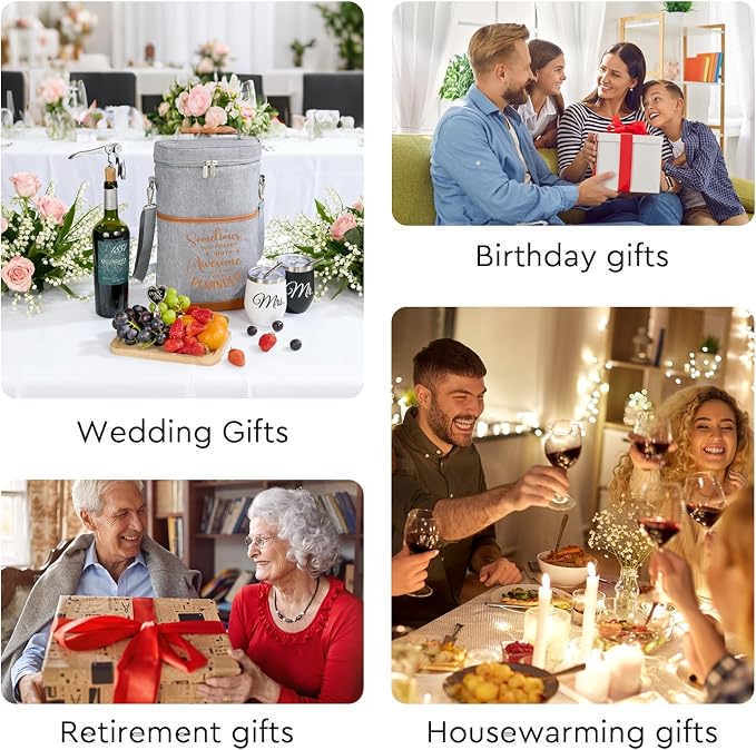 AW BRIDAL Birthday Gifts for Women Men, Drink Happy Thoughts Gift Basket for Housewarming and Beach Camping Travel, Insulated Wine Cooler Bag with Tumbler Mugs and Accessorie Set for Wine Lover Friend