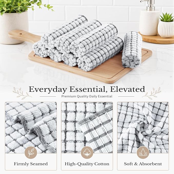 Homaxy 16 Pack Terry Kitchen Dish Cloths, 12"x12", Grey | Super Soft and Absorbent Dish Rags, Quick Drying Reusable Dish Towels for Washing Dishes