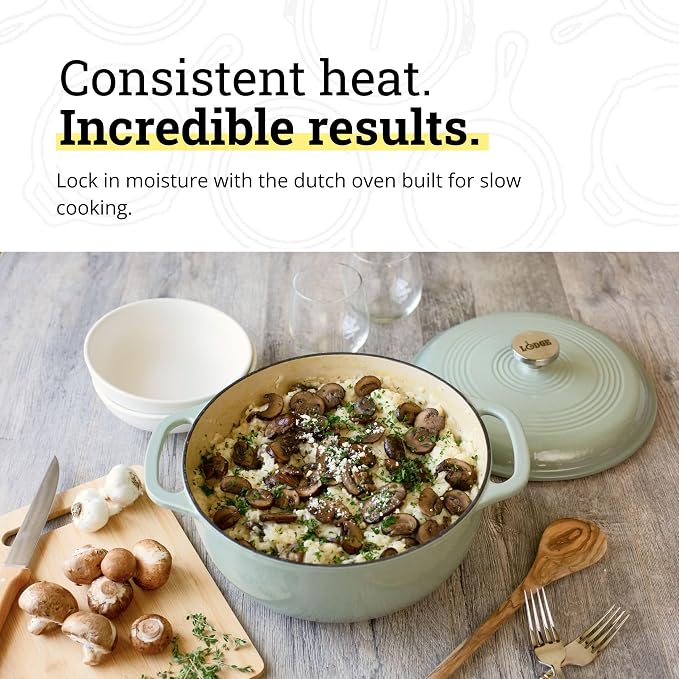 Lodge Essential Enamel Cast Iron Dutch Oven 6 Quarts - Perfect for Bread Baking, Braising, Marinating & Slow Cooking, Features Moisture-Sealing Lid & Dual Handles, Kitchen Essentials, Desert Sage