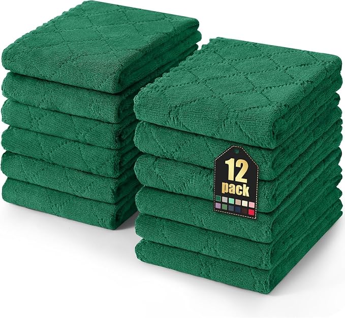 Homaxy 12 Pack Super Soft Absorbent Dish Towels, 10" x 20", Dark Green | Coral Velvet, Nonstick Oil Fast Drying Microfiber Cleaning Cloth, No Lint Dishcloths for washing and drying