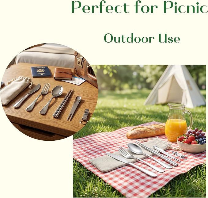 6 Pcs Portable Utensils Set Case Stainless Steel Travel Cutlery Flatware | Portable Cutlery Set, Fork Knife Spoon Chopsticks Silverware for Lunch Box Travel Camping Picnic, Dishwasher Safe Easy Clean