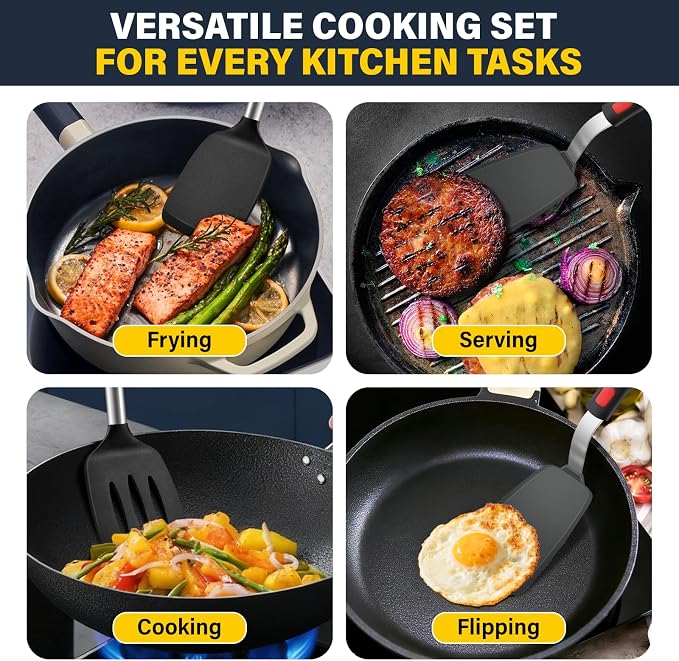Silicone Spatula Set, Heat Resistant Solid & Slotted Turner for Non-Stick Pans, Silicone Cooking Utensils Set, BPA-Free, Flexible Spatula Turner for Flipping Eggs, Burgers, Pancakes, Black, 3 PCS-A