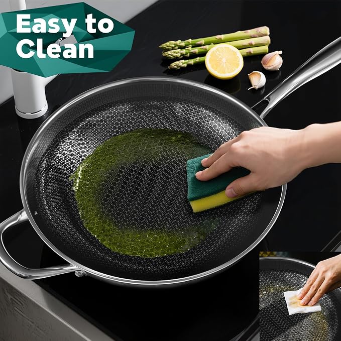 Wok Pan, 13-Inch Stainless Steel Woks & Stir-Fry Pans Nonstick, Wok Pan with Lid for Induction, Hybrid，Electric, Gas, Halogen, All Stoves, Professional PFOA Free Cookware, Dishwasher & Fast Heat