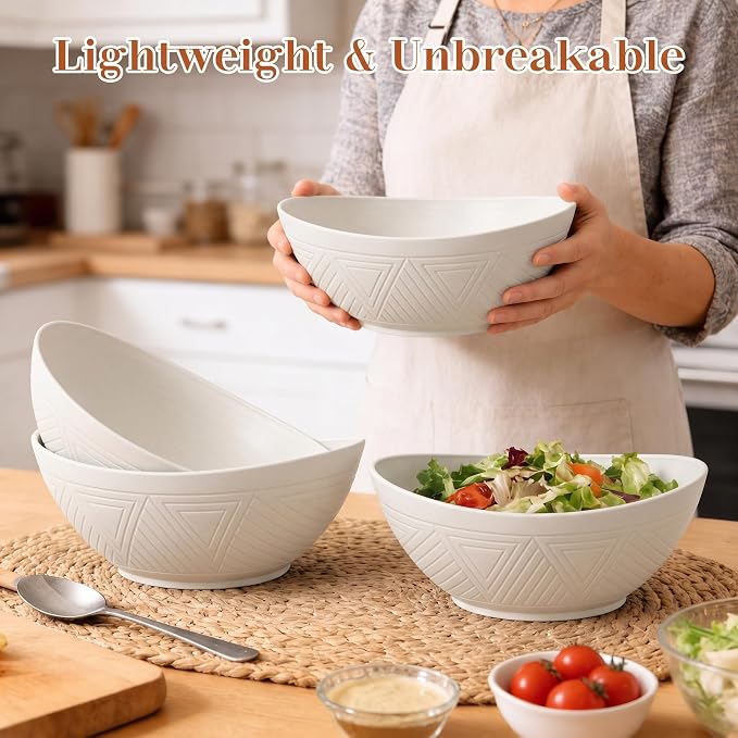 65 OZ Big Bowl Set - Wheat Straw Bowls Unbreakable Salad Bowls Set of 4, Plastic Bowl Reusable for Kitchen, Camping, Party, Popcorn, Microwave & Dishwasher Safe Bowl (White)