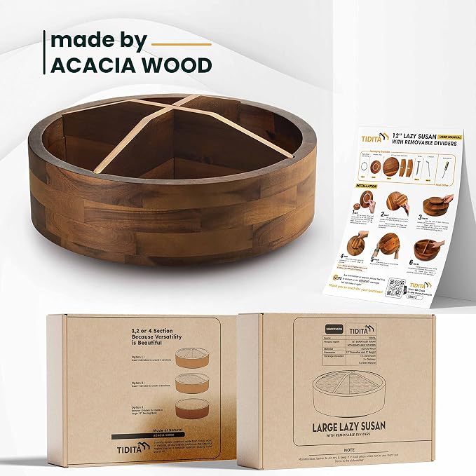 TIDITA 12" Wooden Lazy Susan Organizer with 4 Dividers, High Rim, Rotate | 360° Rotation, Acacia Wood, Non-Skid Pads, Removable Dividers, Wooden Round Serving Turntable for Tabletop, Multi-Use