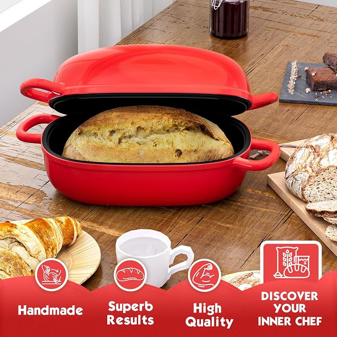 Dutch Oven 9x6 Inch，2.5QT Cast Iron Bread Pans for Bread Baking | Loaf Pan with Lid, loop handles，for Homemade Breadmaking，induction cooktop，oven safe，cooking stews & meats，Red