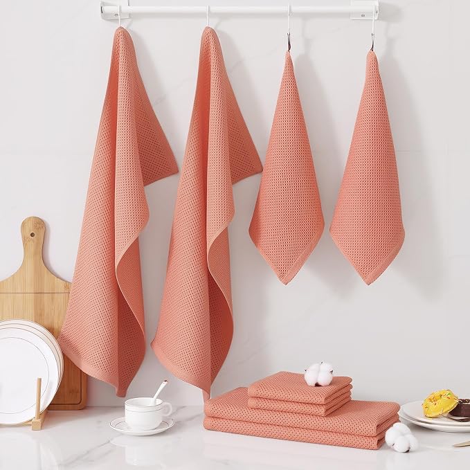 Homaxy 8 Pack 100% Cotton Kitchen Towels and Dishcloths Set, Coral | 12 x 12 Inches and 13 x 28 Inches Kitchen Towels Set, Ultra Soft Absorbent Dish Cloths for Washing Dishes