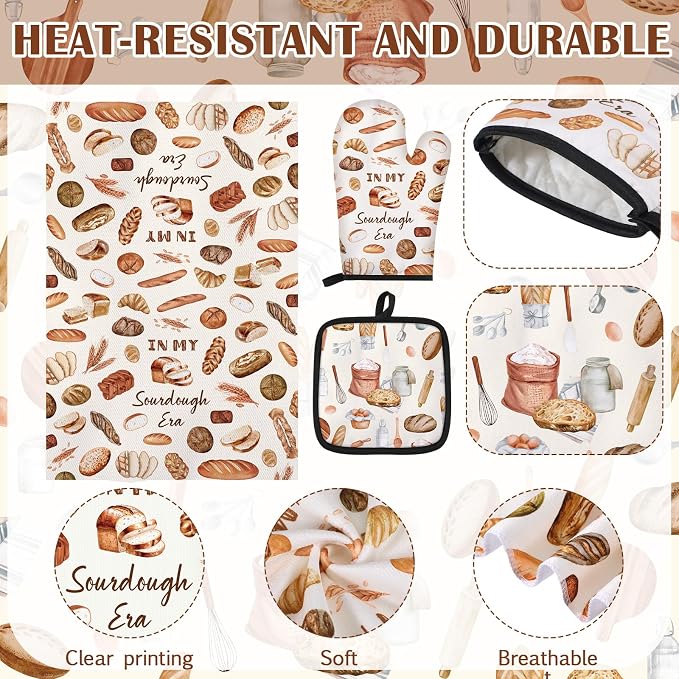 Hahafelt 5 Pcs Sourdough Gifts: Apron Kitchen Towels Oven Mitt Pot Holder | Sourdough Baking Gift Set for Bakers, Bread Lovers, Women