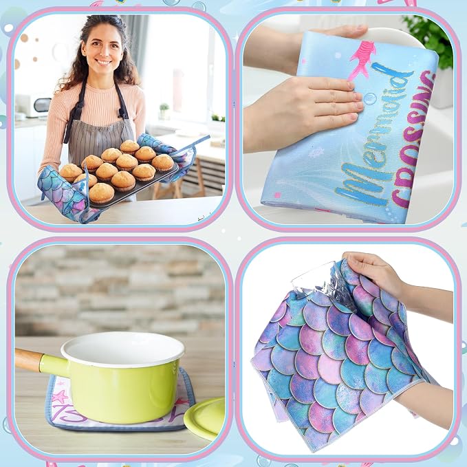 Fourluoo 10 Pcs Mermaid Kitchen Dish Towels Rugs Oven Mitts and Pot Holders Set Farmhouse Kitchen Decor Set for Women Mom Daughter Gift Cooking Baking Grilling