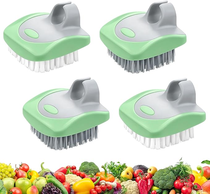 Aodaer 4 Pack Vegetable Brush Potato Scrubber Brush Silicone Hard and Soft Side Fruit Cleaning Tools for Delicate or Tough-Skinned Vegetables, Light Green