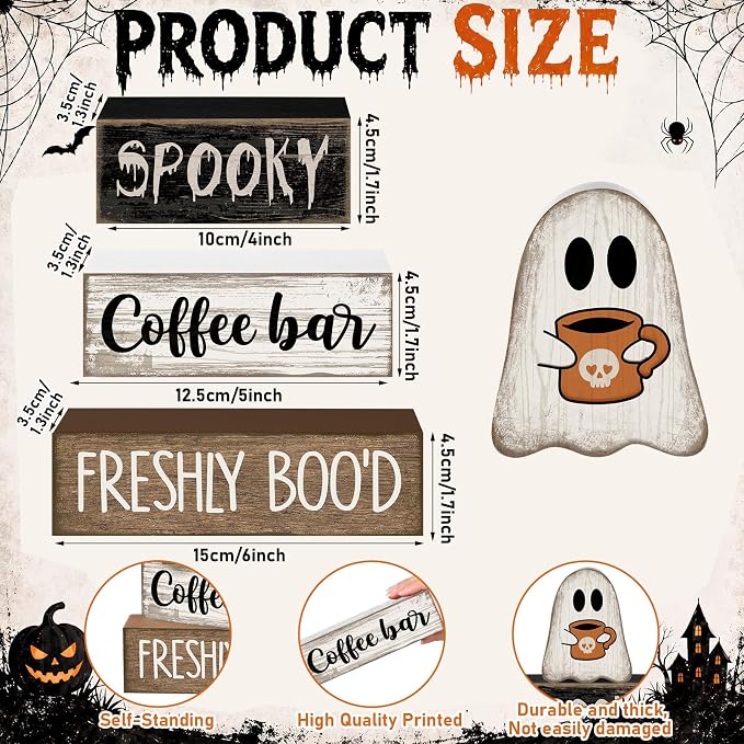 Lineshading 4 Pcs Halloween Coffee Bar Decor Wooden Ghost Block Signs | Farmhouse Tiered Tray Decorations, Rustic Tabletop Home Decor, Spooky Ghost Theme, Stacked Wood Blocks for Kitchen