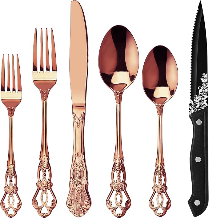 Runfly Gorgeous Retro Royal Rose Gold Stainless Steel 48-Piece Flatware Set | Silverware Set for 8, Anti-rust Cutlery Set Utensils Kitchen Including Fork Spoon and Knife