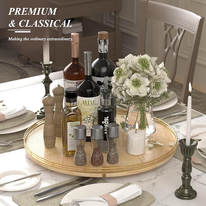 AMH 21-Inch Extra Large Lazy Susan with Oak Base and Black Iron Rail | Smooth rotating oak tray with walnut finish for dining tables, kitchen counters, pantries and cabinet storage.