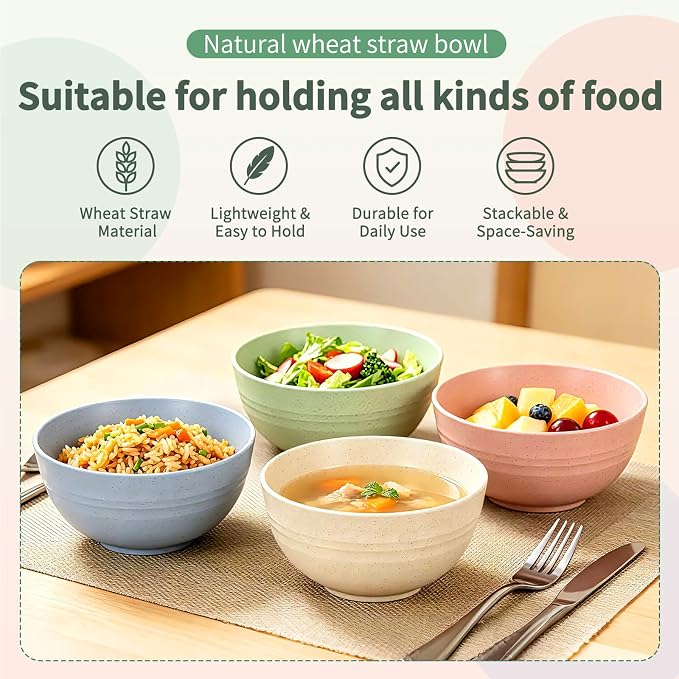 DUOLUV Unbreakable Cereal Bowls - Wheat Straw Fiber Lightweight Bowl Sets 4 - Dishwasher & Microwave Safe - for,Rice,Soup Bowls (24 OZ)