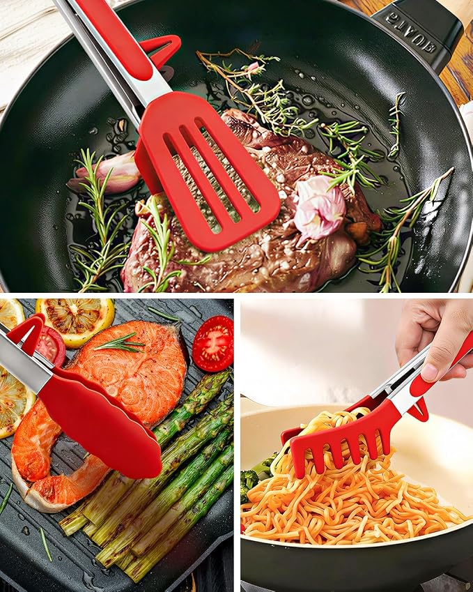 Kitchen Tongs for Cooking, Non Scratch Silicone Tip for Nonstick Cooking Pans, Food Grade Mini Serving Tongs, Pull Lock, Set of 3 (Red, 9 inch)