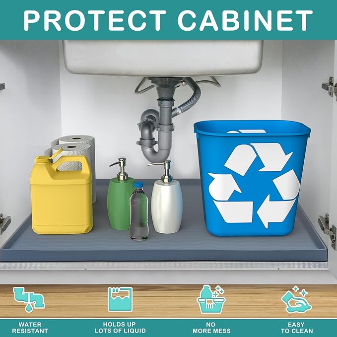URMONA Waterproof Silicone Under Sink Mat 34'' x 22'' Shelf Liner for Kitchen and Bathroom, Cabinet and Counter Protector, Storage and Organizers, Litter Mat, Pet Cat Puppy Essentials(Cream)