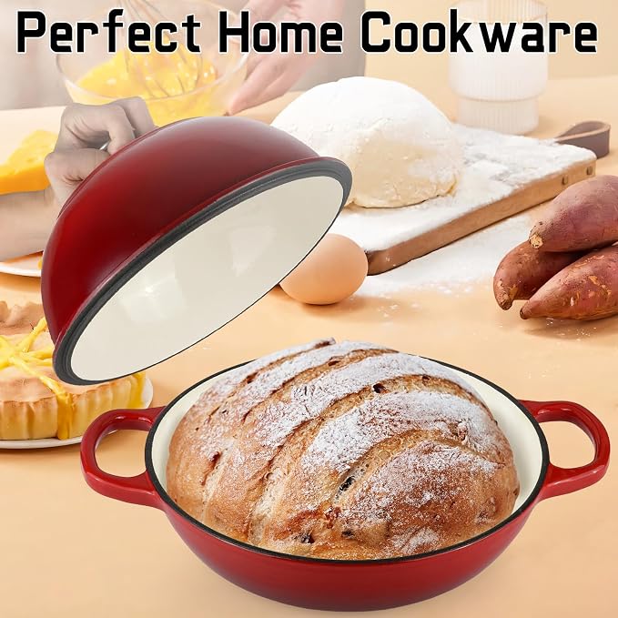 Enameled Cast Iron Bread Oven Dutch Oven Pot with Lid Bread Dutch Oven Red | for Sourdough Bread Baking, 6 Quarts 10" Bread Pan with Dome Lid, Non-stick Cookware for Homemade Bread