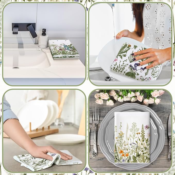 4 Pcs Wildflower Kitchen Towels Floral Hand Tea Towels Gifts | White Green Leaves Dishcloths Fast Drying Decorative Set Decor Housewarming Gift for Cooking Kitchen Bathroom