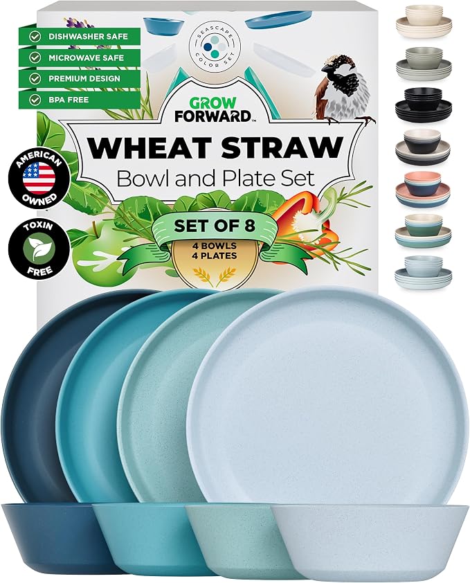 Grow Forward Premium Wheat Straw Plates and Bowls Sets - 8-Piece Wheat Straw Dinnerware Sets - Unbreakable & Reusable Microwave Safe Plastic Dinner Plates for Outdoors, RV, Camping Dishes - Seascape