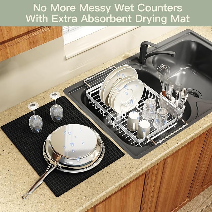 White Dish Drying Rack Over The Sink with Utensil Holder, Mat | Expandable Stainless Steel Dish Drainer for Small Kitchen, Apartment, RV, Counter Space Saving, Perfect Fit, Rustproof