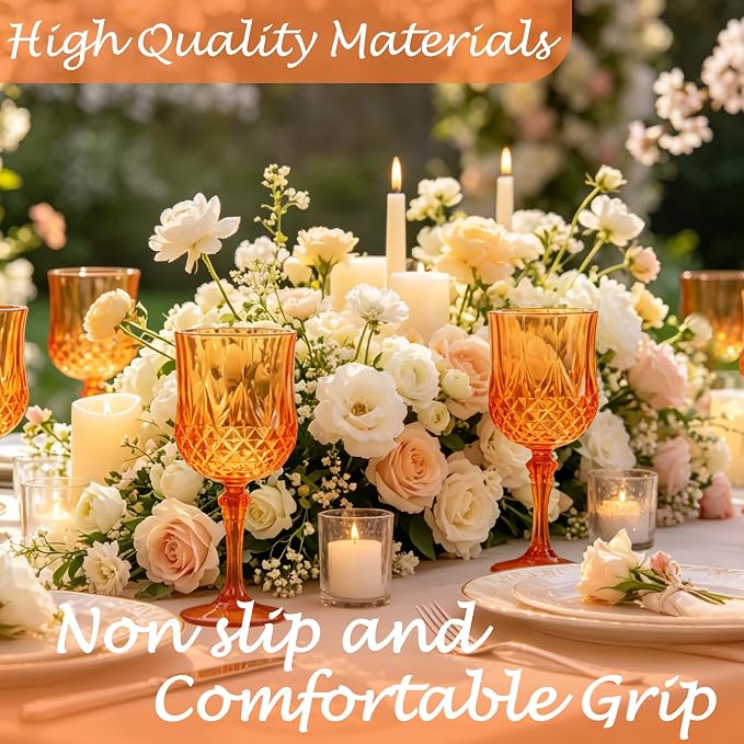 24Pack Plastic Wine Glasses, 7oz Vintage Goblets for Wedding | Unbreakable Crystal Style Reusable Stemware, Elegant Orange Drinking Glass for Party Anniversary & Holiday Celebration