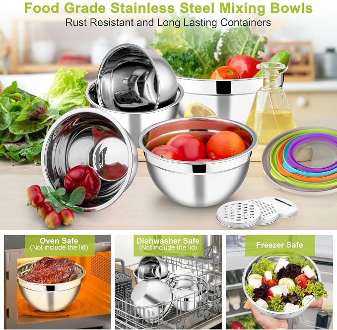 E-far Mixing Bowls with Lids Set of 5, Stainless Steel Salad Mixing Bowl with Transparent Lid, Metal Nesting Storage with 3 Graters for Kitchen Prepping/Serving/Baking, 4.6/2.6/1.5/1/0.7 QT - Colorful