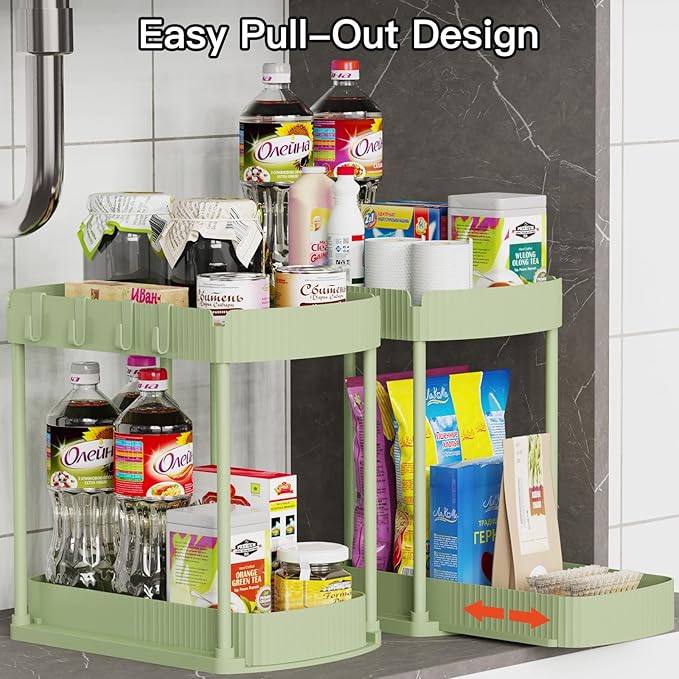 2 Packs Under Sink Pull-Out Storage Organizers, 14.8 Inches, Green | Multi-Purpose Cabinet Organizers and Storage for Bathroom & Kitchen