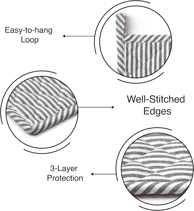 Encasa XO Pot Holders, Quilted Kitchen Hot Pads 8"x8" Ticking Black | 100% Eco-Friendly Cotton | Thick Cotton Padding Insulation | Convenient Hanging Loop | Set of 2