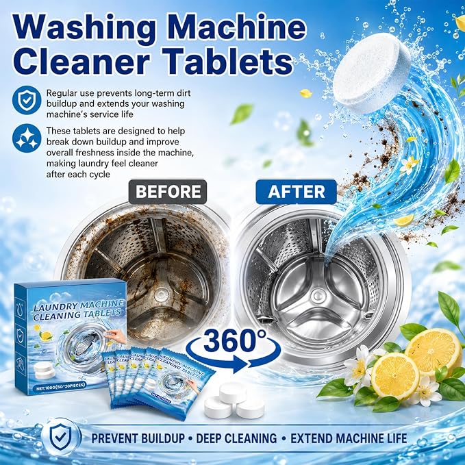 Washing Machine Cleaner Tablets 20 Count for Odor & Residue Buildup, For Front Load, Top Load & He Washers, Monthly Maintenance Descaling Tablets for Cleaner Drum