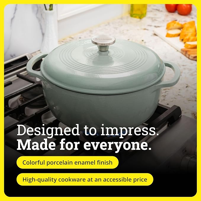 Lodge Essential Enamel Cast Iron Dutch Oven 6 Quarts - Perfect for Bread Baking, Braising, Marinating & Slow Cooking, Features Moisture-Sealing Lid & Dual Handles, Kitchen Essentials, Desert Sage