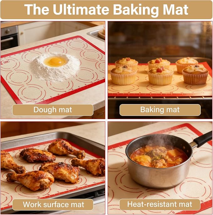 2 Pack Silicone Baking Mats, 11.6" x 16.5" Each, 0.7mm Thick, Food Grade Non-Stick Reusable Baking Mats & Baking Sheet Liners for Cookies, Macarons, Bread, Pizza & Pastry