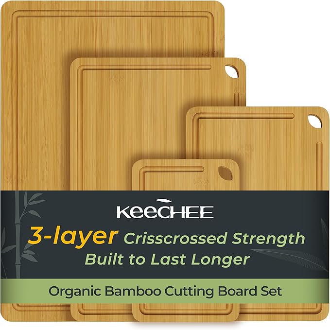 Keechee Natural Bamboo Cutting Board Set of 4, Wood Chopping Block Set | Non Toxic, Resisted-Cracking&Curling, Deep Juice Groove, Side Handles,Cross-Laminated Structure, Knife-Friendly