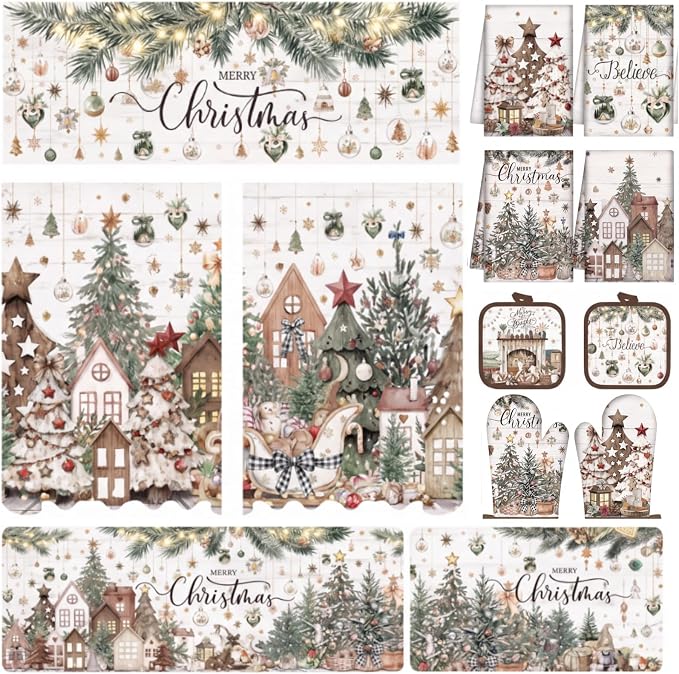 13 Pcs Christmas Kitchen Sets with Christmas Trees Kitchen Towels Rustic Farmhouse Nonslip Mats Curtains Valance Pot Holders Oven Mitts for Xmas Home Decoration Cooking Baking Gift