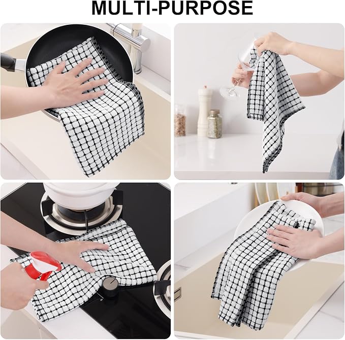 Kitinjoy Cotton 6 Pack Terry Kitchen Towels, Black | 16 x 25 Inches Super Soft and Absorbent Dish Towels, Quick Drying hand towels for kitchen Drying