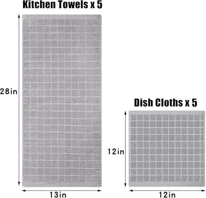 Homaxy Kitchen Towels and Dishcloths Set, Set of 10, Light Grey | Bulk Cotton Terry Kitchen Towels, Checkered Designed, Soft and Super Absorbent Dish Towels, 12 x 12 and 13 x 28 Inches