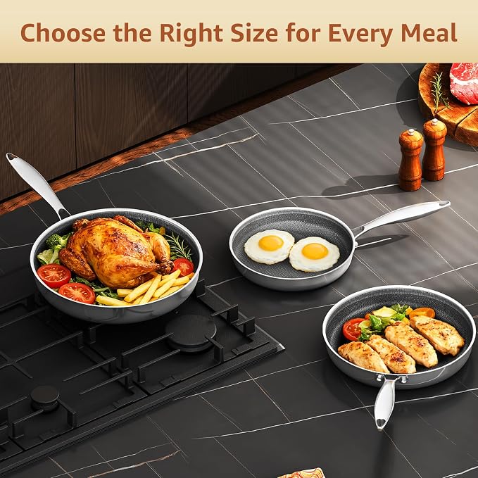 LOLYKITCH Hybrid 8-10-12 Inch Nonstick Frying Pan Set | PFOA Free | Stainless Steel Skillet | Non-Toxic | Stay-Cool Detachable Handle | Dishwasher and Oven Safe | Induction Ready