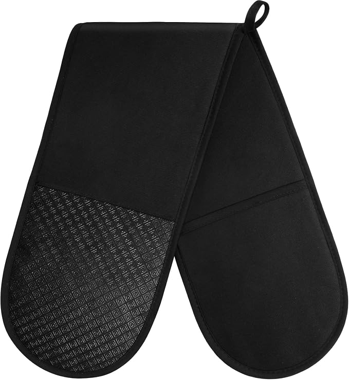 AUAUY Black Double Oven Mitts, 250°C/482°F Heat Resistant BBQ Mittens with Ropes, Silicone Non-Slip Design Kitchen Mittens, Cooking Glove Top Kitchen Gadgets for Cooking Baking Grilling | with Ropes, Silicone Non-Slip Design Kitchen Mittens, Cooking Gl...