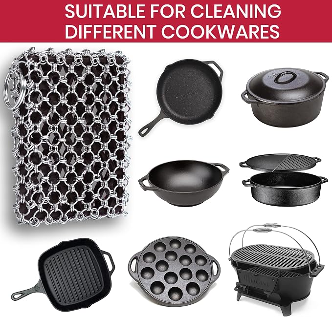 316L Cast Iron Scrubber Kit with Scraper Tool - Silicone Insert for Pan | Zylark Pan Cleaner Scrubber with Silicone Insert - Cast Iron Cleaning Kit - Chainmail Scrubber for Cookware