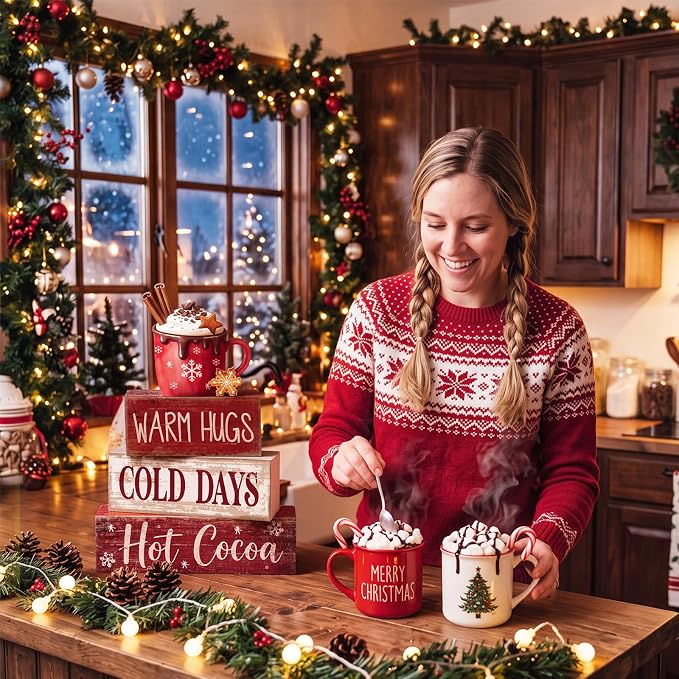 Lineshading 4 Pcs Wooden Hot Cocoa Block Signs Tiered Tray Decor with Mug | Farmhouse Stackable Wood Blocks, Warm Hugs Cold Days Text, Winter Coffee Bar Display, Mug Topper with Cinnamon Sticks