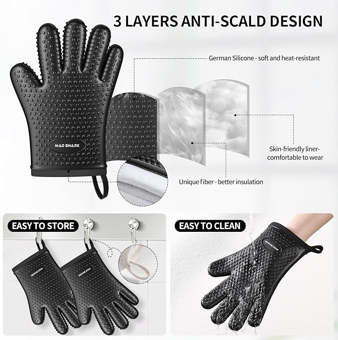MAD SHARK Silicone Oven Mitts with Fingers Heat Resistant 450°F in Kitchen | Waterproof & Non-Slip Oven Gloves,Cotton Lined Silicone Kitchen Mitts for Baking Cooking Barbecue,Women (Black)
