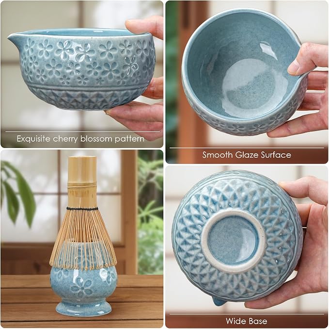 7Pcs Matcha Whisk Set, Matcha Set Whisk and Bowl,Bamboo Scoop, Scoop Rest, Sifter and Tea Towel, Matcha Kit W/Carved Cherry Blossm Pattern for Matcha Lovers (Sakura Blue)