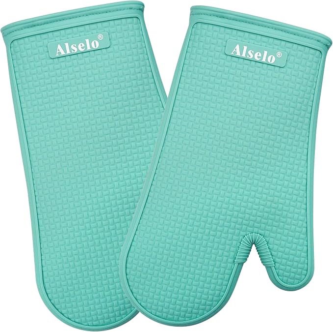 Alselo Silicone Oven Mitts Set, Heat Resistant 550 Degree,7.5"x12" | Kitchen Mittens,Waterproof & Non-Silp Oven gloves for Baking Cooking Barbecue Microwave & Machine Washable(Blue, 2)