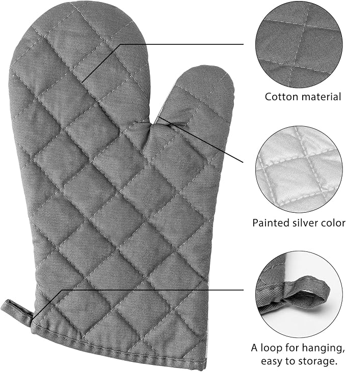 6Pcs Cotton Oven Mitts and Pot Holders Set Durable Hot Pads Machine Washable BBQ Gloves Heat Resistant Pocket Pot Holder with Hanging Loop for Safe Kitchen Baking Cooking Grilling Grey