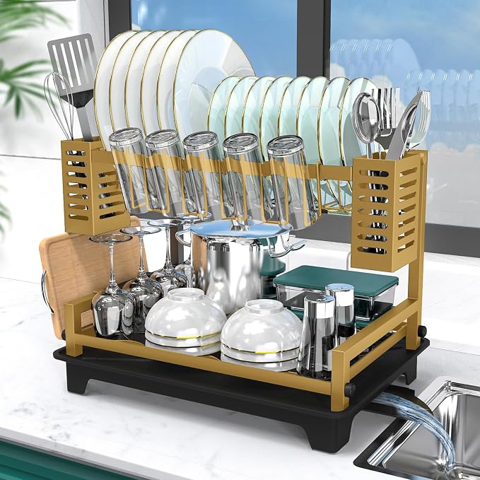 Dish Drying Rack, Rust-Proof 2 Tier Dish Racks for Kitchen Counter | Large Dish Drying Rack with Drainboard & Utensil Holders, Dish Drainers,Kitchen Organization Gold