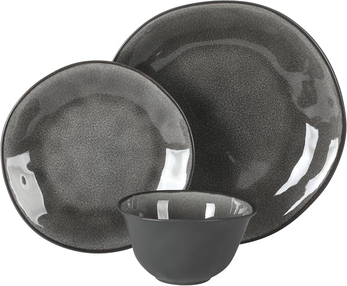 Gibson Elite Port Barton Plates and Bowls Sets, 12-Piece Stoneware Dinnerware Sets, Reactive Glaze Dish Set - Black