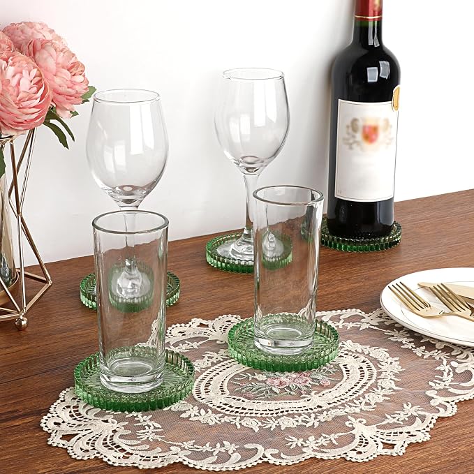 Modern Clear Coaster Set of 5- Glass Coasters for Drinks, Clear Green | Crystal Coasters Round Cup Mat Coffee Table Decor for Office, Kitchen, Bar, Dining Room, Living Room, Patio