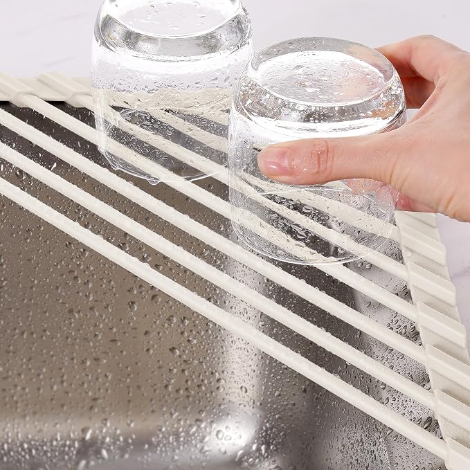 Tomorotec Triangle Roll Up Dish Drying Rack with Silicone Coating, White | 304 Stainless Steel with BPA-Free Silicone, Triangle Design Maximizes Sink Corner Space, Fits Compact Kitchens And RVs