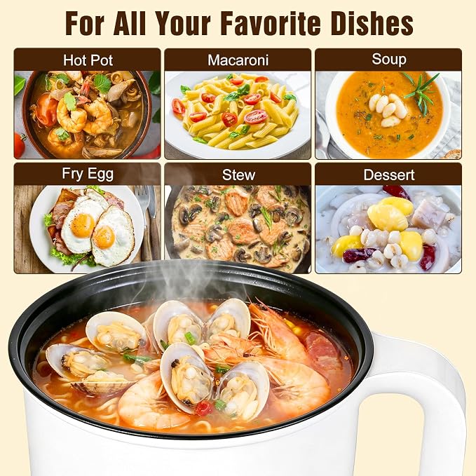 Electric Hot Pot with Steamer, 1.8L Mini Portable Hot Pot with 300W&600W Dual Power for Egg Ramen Oatmeal Soup Noodles, Overheat Protection for College Dorm Room Essential