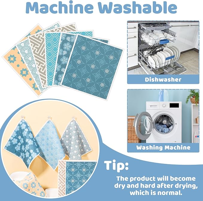 6 Pack Swedish Dishcloths for Kitchen, Geometric Pattern Swedish Rags | Dish Towels with Clips, Reusable Paper Towels Washable Absorbent for Home Housewarming Cleaning Gifts for Hostess