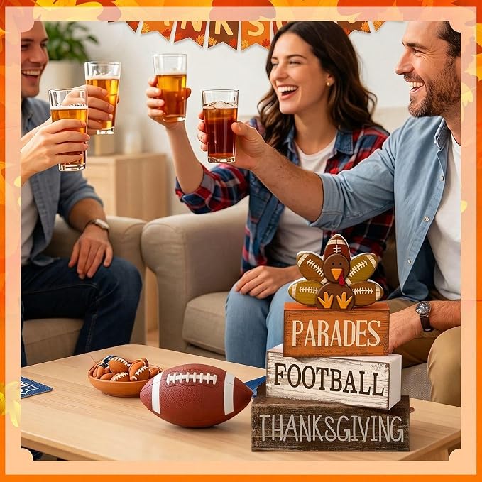 Lineshading 4 Pcs Thanksgiving Football Block Signs Wooden Farmhouse Decor | Rustic Turkey Design, Tiered Tray Decor, Tabletop Centerpiece, Seasonal Display, Gift for Fall Football Gatherings